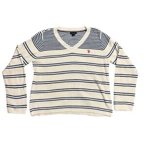 Women's U.S. Polo Assn. V-Neck Sweater XL White Blue Striped